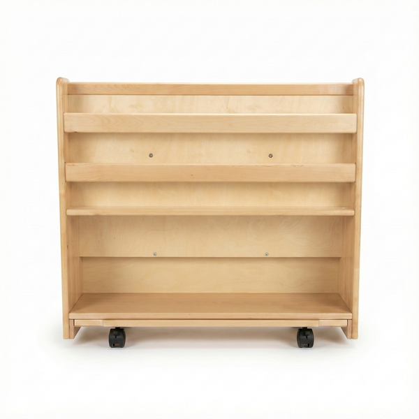 Wooden 4-tier classroom bookshelf, front-facing display, 32"H x 36.5"W x 14.5"D, perfect for organizing children's books.