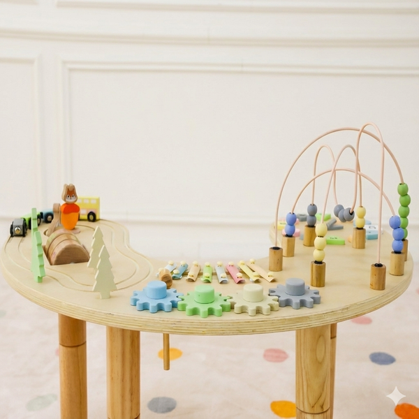 Wooden multi-activity sensory play table for babies, showcasing engaging features from angle 4.