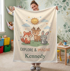 Personalized Woodland Friends Blanket | Custom Name | Fox Deer Bunny Explore Imagine Gift