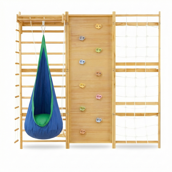 Avenlur Sensory Swing Hammock for indoor climbers in walnut, neem, and betula, shown at angle 3.