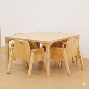 Square adjustable kids table for preschool and daycare, height 13" to 17", perfect for activities. Angle view.