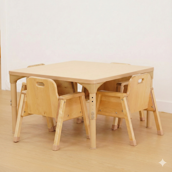 Square adjustable kids table for preschool and daycare, height 13" to 17", perfect for activities. Angle view.