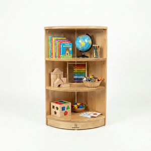 Montessori Classroom Corner Shelf - 32" tall, ideal storage solution for baby toys and books in a playroom.