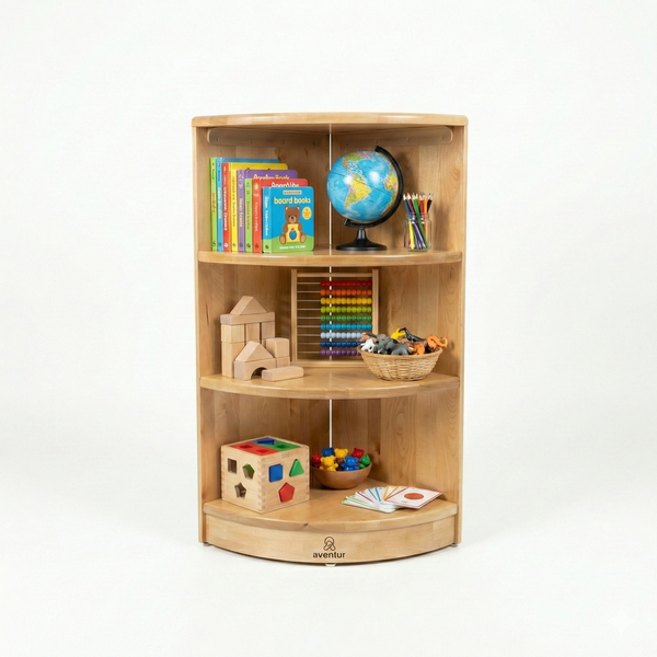 Montessori Classroom Corner Shelf - 32" tall, ideal storage solution for baby toys and books in a playroom.