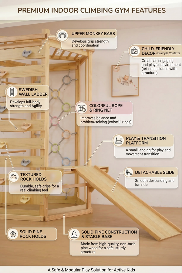 Hawthorn Indoor Playground | 93" Montessori Climbing Gym with Slide & Rope Net