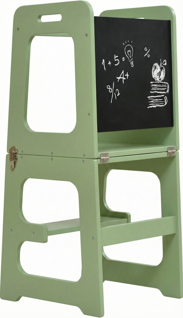4-in-1 Kitchen Tower & Desk for babies, shown at a 34-degree angle, perfect for indoor play and learning.