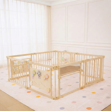 Wooden baby playpen with mirror and whiteboard panel, foldable 63" x 63", Montessori sensory play yard.