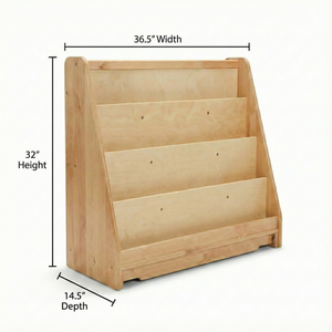 Wooden 4-tier classroom bookshelf, front-facing display, 32"H x 36.5"W x 14.5"D, ideal for organizing children's books.