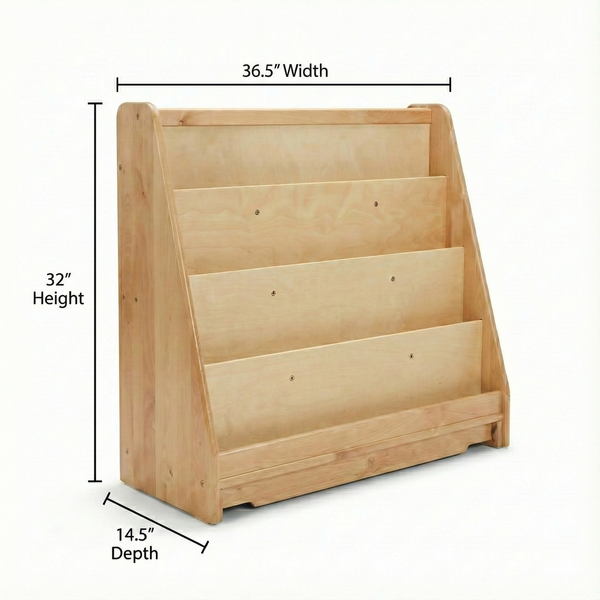 Wooden 4-tier classroom bookshelf, front-facing display, 32"H x 36.5"W x 14.5"D, ideal for organizing children's books.