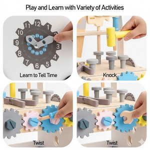 Wooden Tool Walker – Multi-Activity Learning Wagon for Toddlers, showcasing engaging features from an angled view.