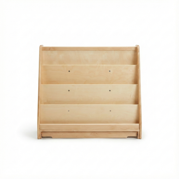 Wooden 4-tier classroom bookshelf, front-facing display, 32"H x 36.5"W x 14.5"D, perfect for organizing children's books.