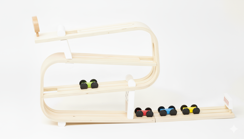 Wooden Car Ramp Racer toy for toddlers, promoting Montessori play and indoor fun.
