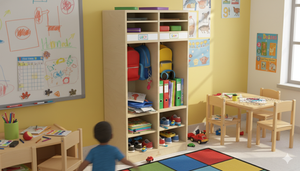 Double Preschool Cubbies in vibrant colors, perfect for toddlers' clothing and playtime.