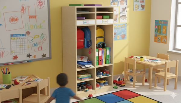 Double Preschool Cubbies in vibrant colors, perfect for toddlers' clothing and playtime.