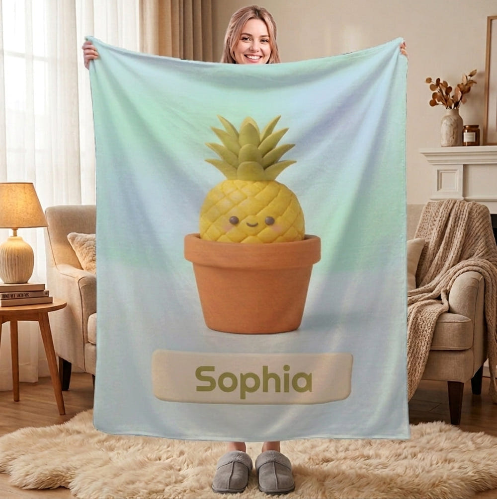 Personalized Kawaii Pineapple Blanket | Custom Name | Cute Potted Fruit Mint Blue Fleece Throw Gift