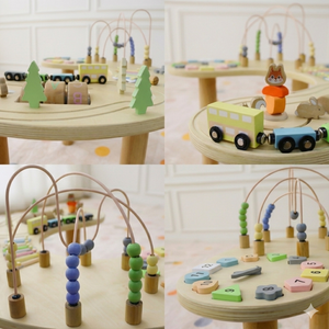 Wooden multi-activity sensory play table for babies, featuring engaging textures and activities, shown from angle 5.