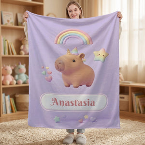 Personalized Kawaii Unicorn Capybara Blanket | Custom Name Gift