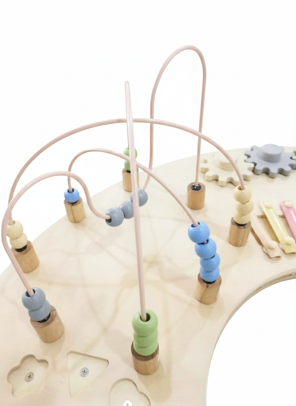 Wooden multi-activity sensory play table for babies, featuring engaging textures and colors, angled view.