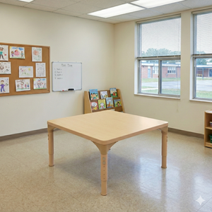Square adjustable kids table for preschoolers, height 13" to 17", perfect for classrooms and daycares.