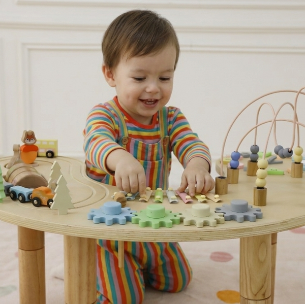 Wooden multi-activity sensory play table for babies, featuring engaging textures and colors, perfect for early development.