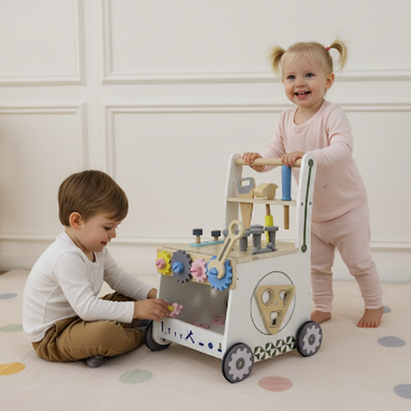 Wooden Tool Walker – Multi-Activity Learning Wagon for toddlers, designed for fun and developmental play.