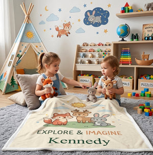 Personalized Woodland Friends Blanket | Custom Name | Fox Deer Bunny Explore Imagine Gift