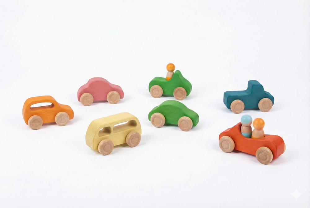 Wooden car toy set - 10 piece indoor playset for babies and toddlers, promoting creativity and motor skills.