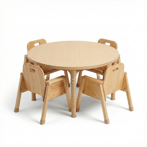 Round adjustable kids table for classrooms and daycares, 36" diameter, height 17"-25", shown from angle 2.