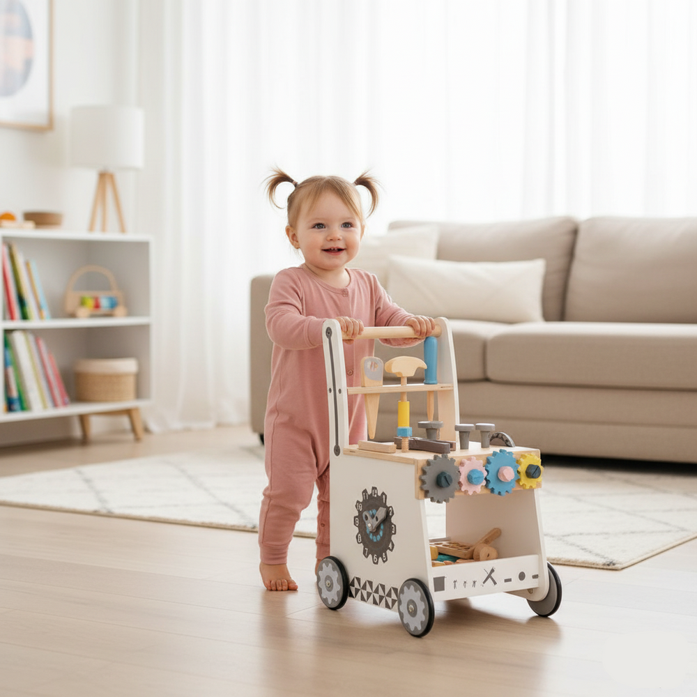 Wooden Tool Walker – Multi-Activity Learning Wagon for toddlers, designed for fun and developmental play.