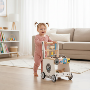 Wooden Tool Walker – Multi-Activity Learning Wagon for Toddlers, showcasing its features from an angled view.