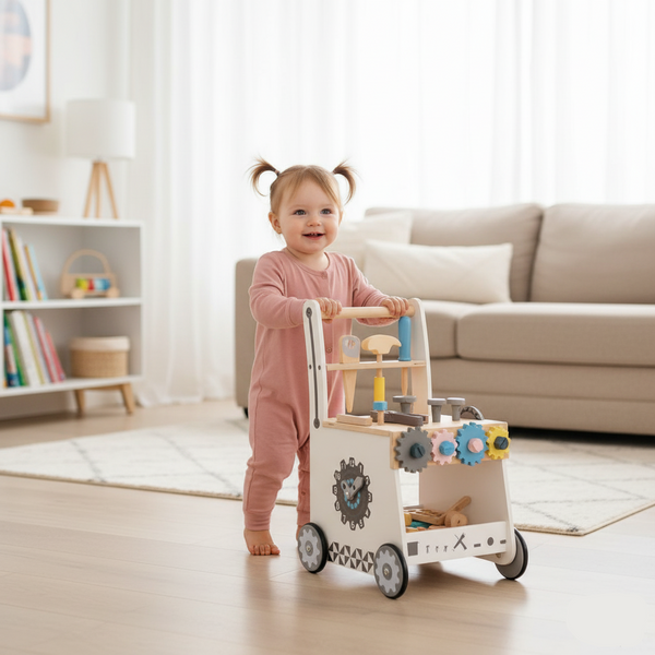 Wooden Tool Walker – Multi-Activity Learning Wagon for Toddlers, showcasing its features from an angled view.