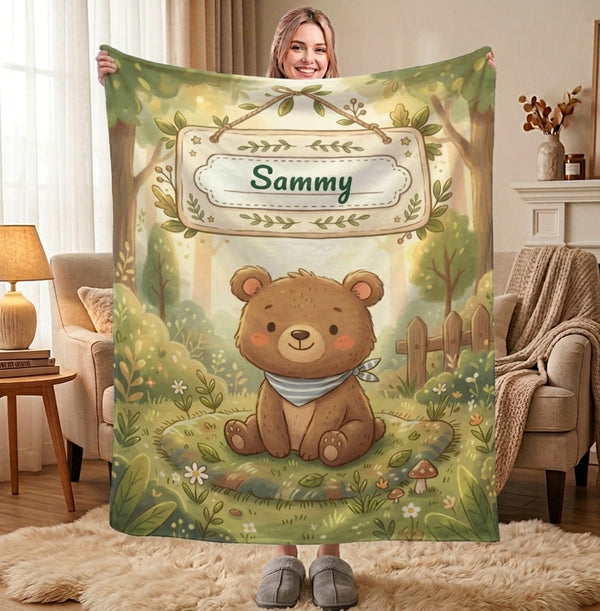 Personalized Woodland Bear Blanket | Custom Name | Storybook Forest Bandana Cozy Fleece Throw Gift