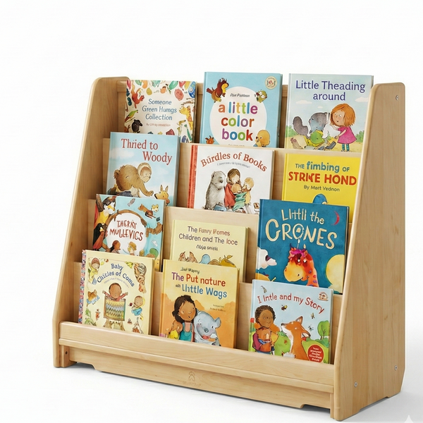 Wooden classroom bookshelf, 4-tier front-facing display, 32"H x 36.5"W x 14.5"D, perfect for organizing children's books.