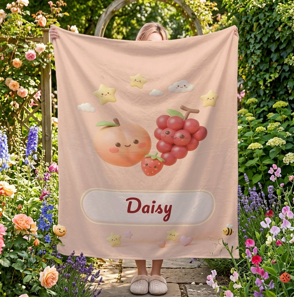 Personalized Kawaii Fruit Blanket | Custom Name Gift Kawaii Throw | Peach, Grapes, Strawberry