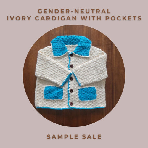 Gender-neutral Ivory & Turquoise Cardigan with Pockets