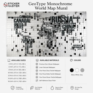 GeoType Monochrome World Map Mural / 3D Cube Wallpaper by Sticker Master