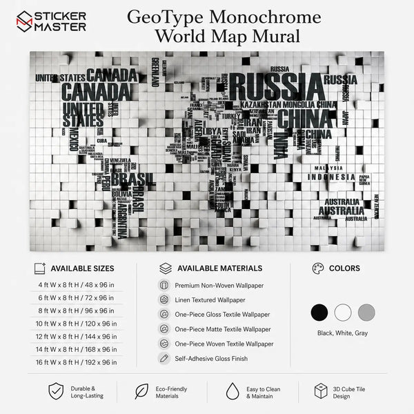 GeoType Monochrome World Map Mural / 3D Cube Wallpaper by Sticker Master