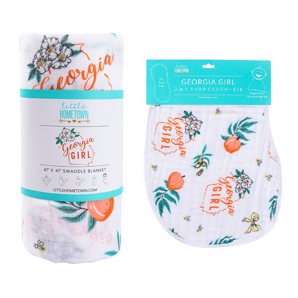 Georgia Girl Muslin Swaddle Blanket and Burp Cloth/Bib Combo gift set for babies, perfect for swaddling and feeding.