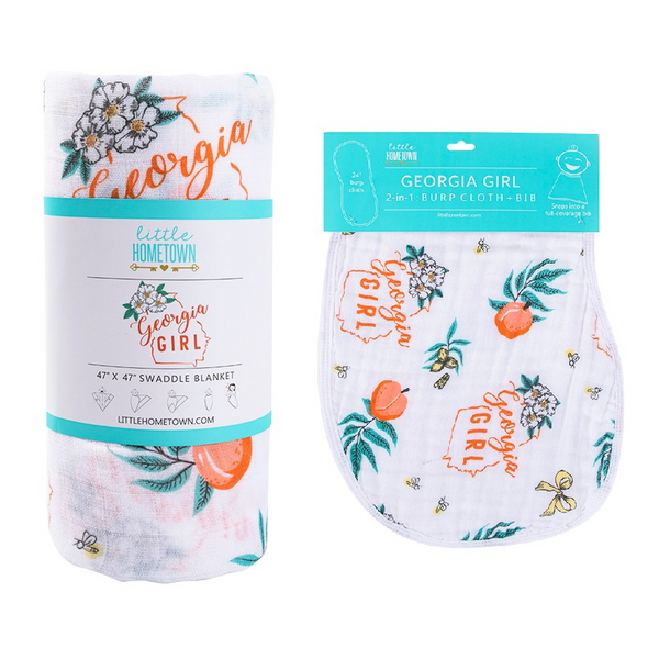 Gift Set: Georgia Girl Muslin Swaddle Blanket and Burp Cloth/Bib Combo Baby Shower Essential for Newborn
