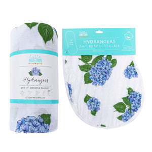 Gift Set: Hydrangeas Baby Muslin Swaddle Blanket and Burp Cloth/Bib Combo
