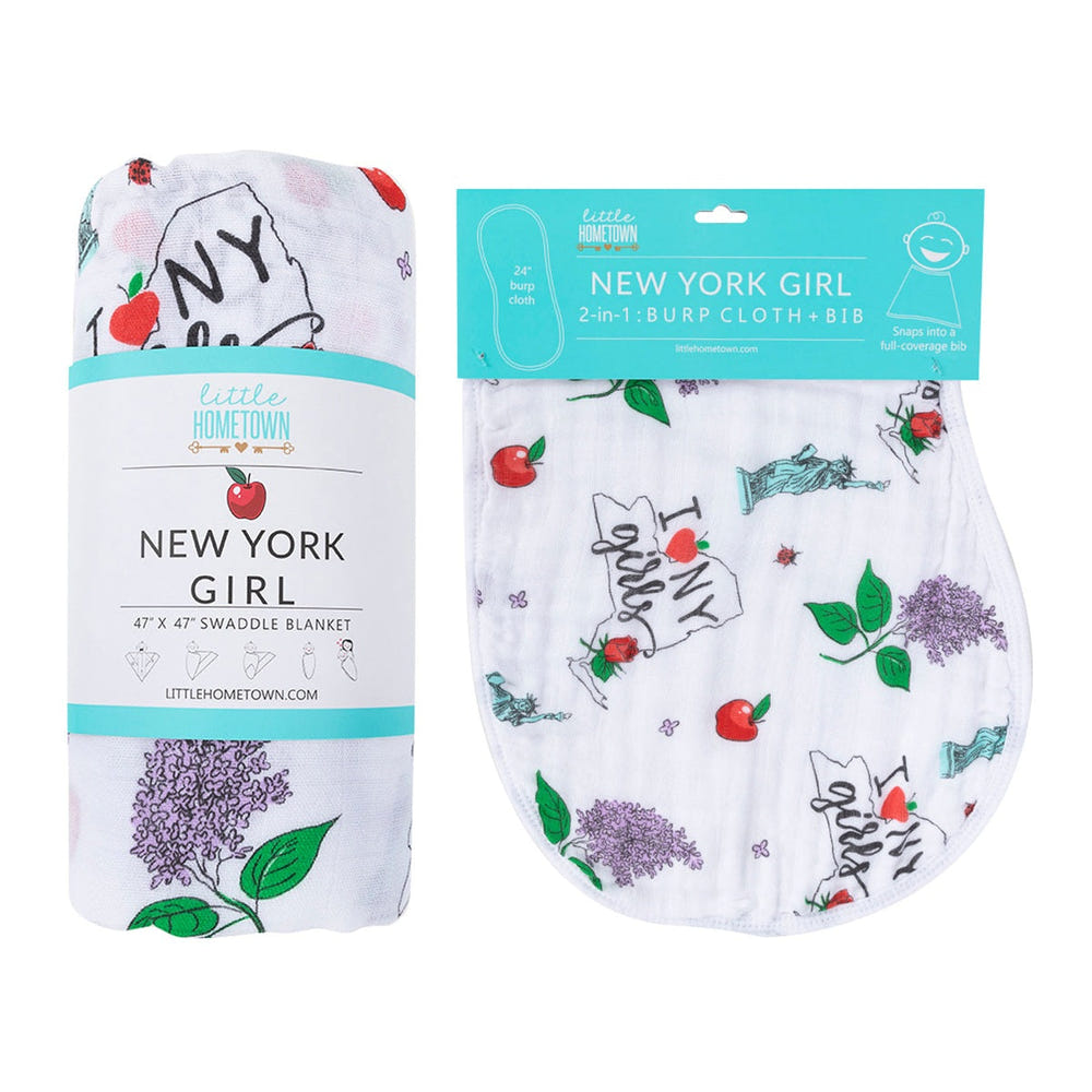 New York Girl Baby Muslin Swaddle Blanket and Burp Cloth/Bib Combo gift set for infants.