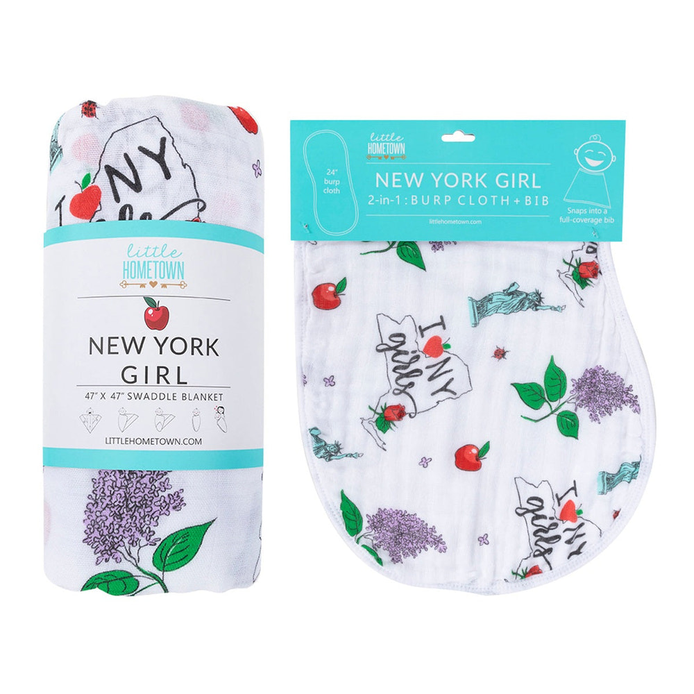 New York Girl Baby Muslin Swaddle Blanket and Burp Cloth/Bib Combo gift set for infants.
