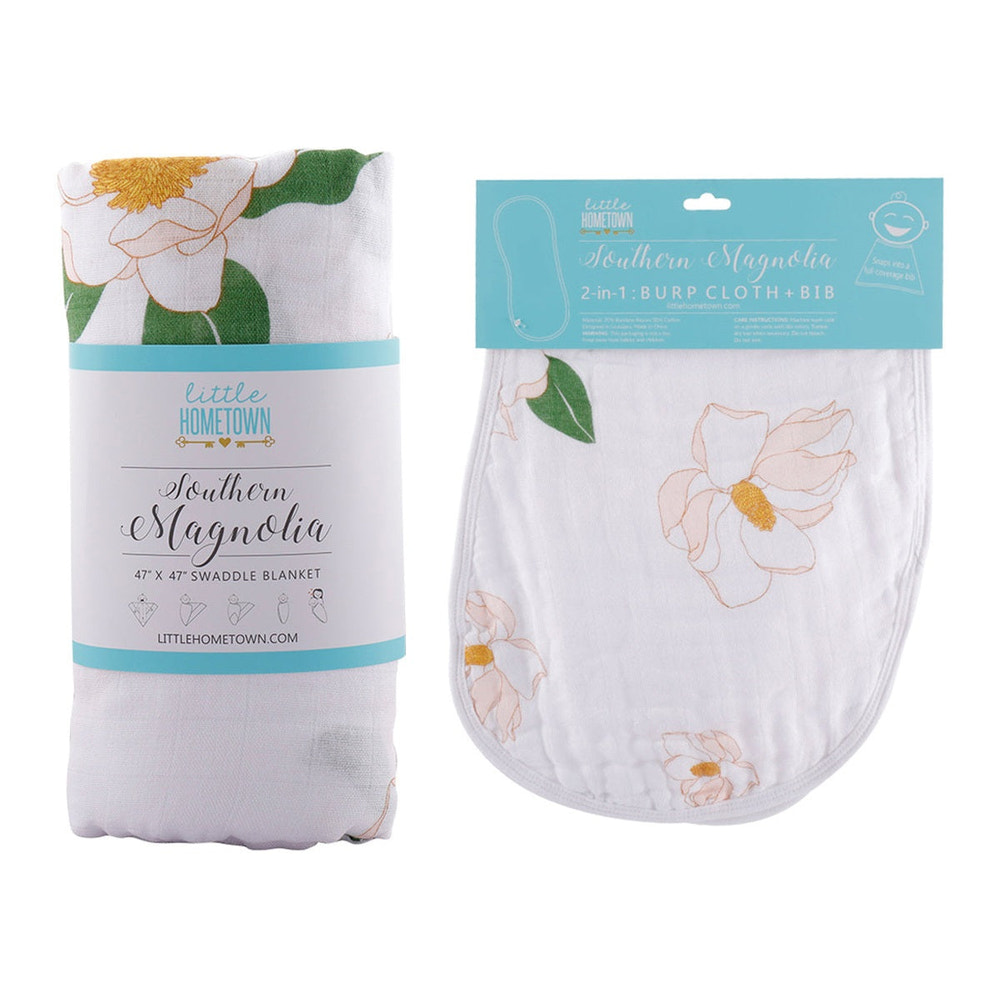 Southern Magnolia Baby Muslin Swaddle Blanket and Burp Cloth/Bib Gift Set for newborns, soft and stylish essentials.