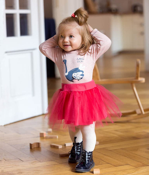 Girls pink summer tulle skirt, angle 3 view, perfect for playful outfits and warm weather.
