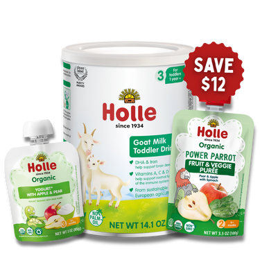 Goat & Greens Variety Bundle: Goat Milk, Power Parrot, Apple & Pear Yogurt for toddlers. Healthy drink powder options.