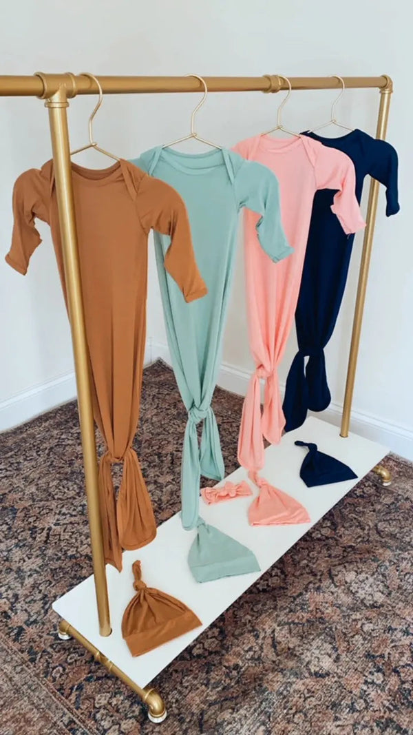 Newborn Knotted Baby Gown and Hat Set - Crew  - (Newborn-3 months) Mint, Navy Blue, Pink, Camel Brown - MOOGCO Baby