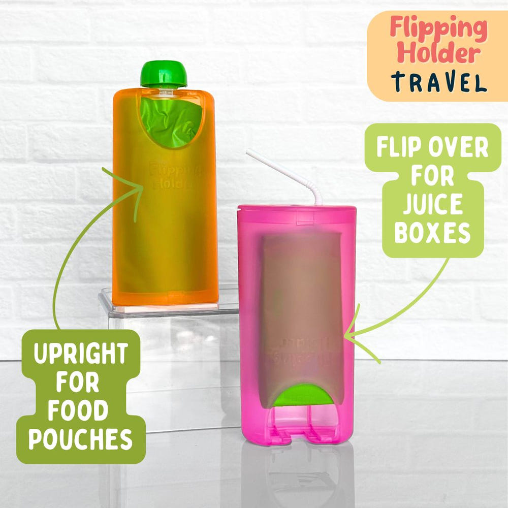 Flipping Holder TRAVEL - versatile food pouch and juice box holder for easy feeding on-the-go, fits in cup holders.