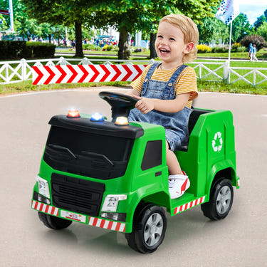 12V Kids Ride-on  Garbage Truck with Warning Lights and 6 Recycling Accessories
