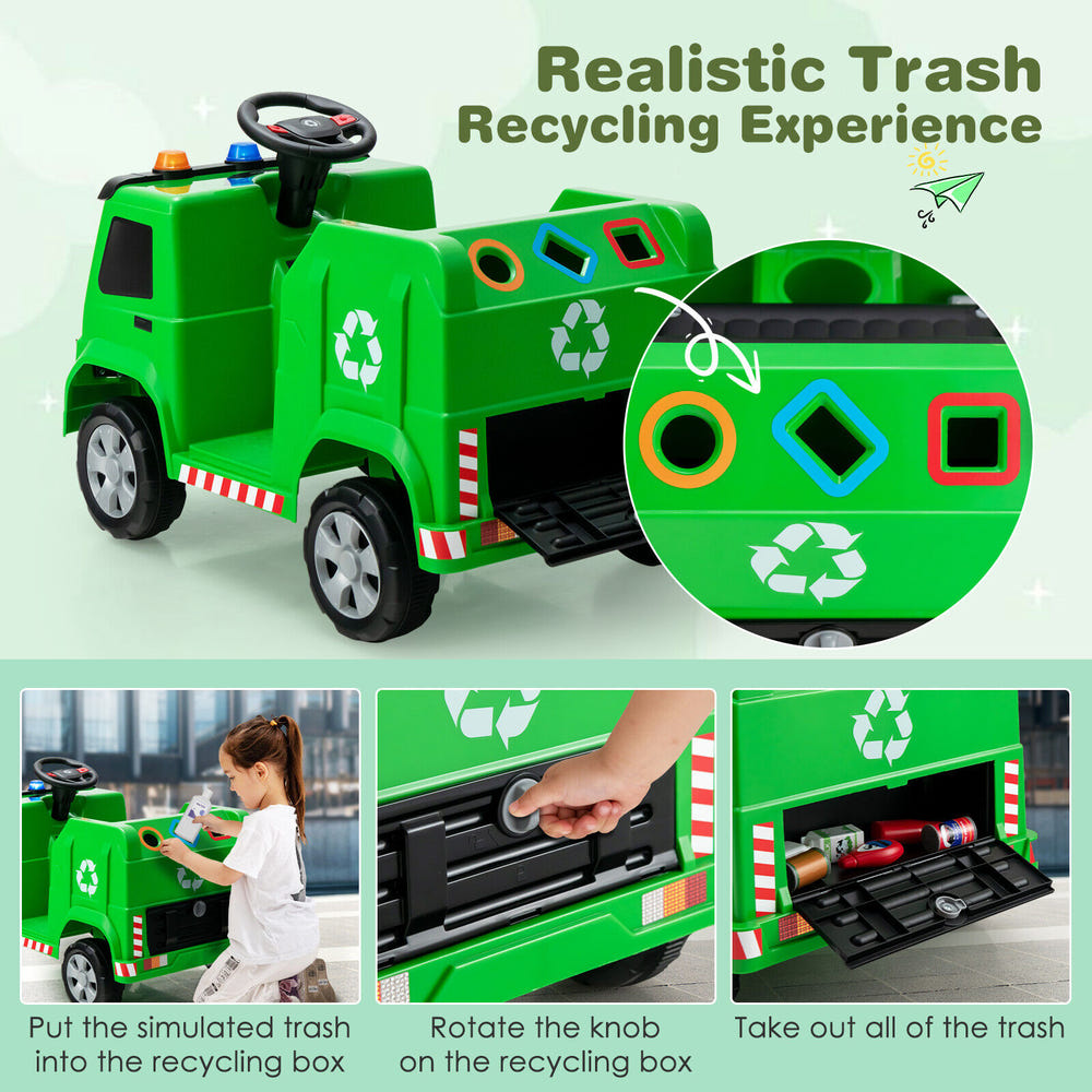 12V Kids Ride-on  Garbage Truck with Warning Lights and 6 Recycling Accessories