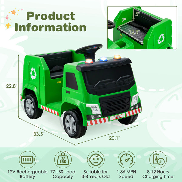 12V Kids Ride-on  Garbage Truck with Warning Lights and 6 Recycling Accessories
